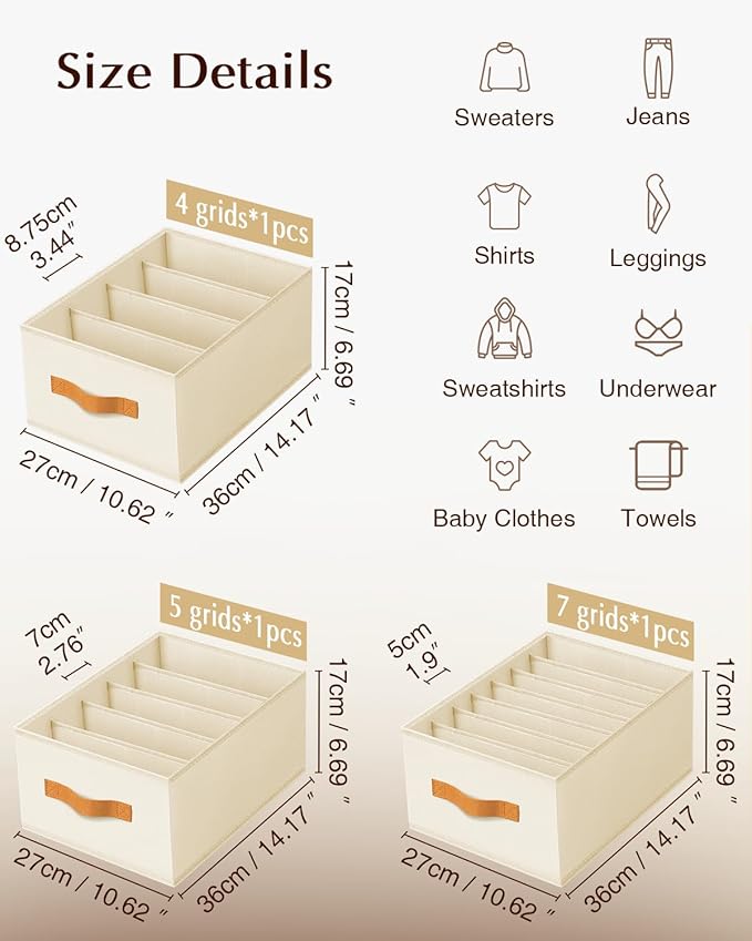 Homsorout Clothes Organizers and Storage - 4/5/7 Grids Fabric Jeans Organizer with Handles, Foldable Closet Organizers Dividers, Wardrobe organizer for Pant, Sweater, T-shirt, Scarf, 3 Pack, Beige