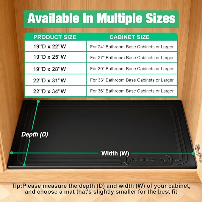 Aisslro Under Sink Mat 28" X 19", Waterproof Silicone Under Sink Mats for Kitchen, Anti-Leak Shelf Liner & Cabinet Protector with Raised Edge, [BPA Free] Bathroom Tray Home Organizer, Black