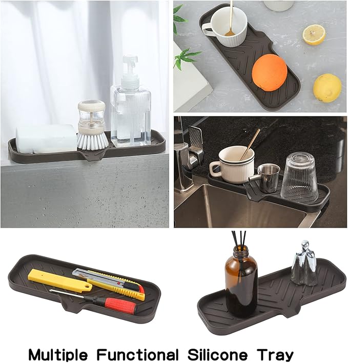 MicoYang Silicone Soap Dish with Drain Spout — Self-Draining Double Sink Organizer Tray for Kitchen & Bathroom, Dispensers, Sponges & Soap Holder, Non-Slip & Dishwasher Safe, Coffee (Large, 12"×4")