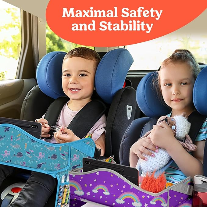PILLANI Kids Travel Tray for Car - Road Trip Activities for Kids - Car Seat Tray for Kids Travel w/ Activity Sheets, Pens & Dry Erase Board - Toddler Road Trip Essentials & Car Accessories for Kids
