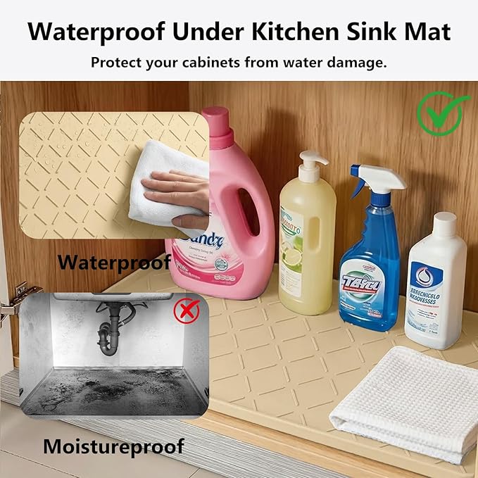 Mateeylife Under Sink Mats for Kitchen Waterproof 31"X22", Undersink Protectors，Silicone Mat Cabinet Liner, Under Sink Organizer for Bathroom and Kitchen，Boot Tray Pet Food Mat, Khaki