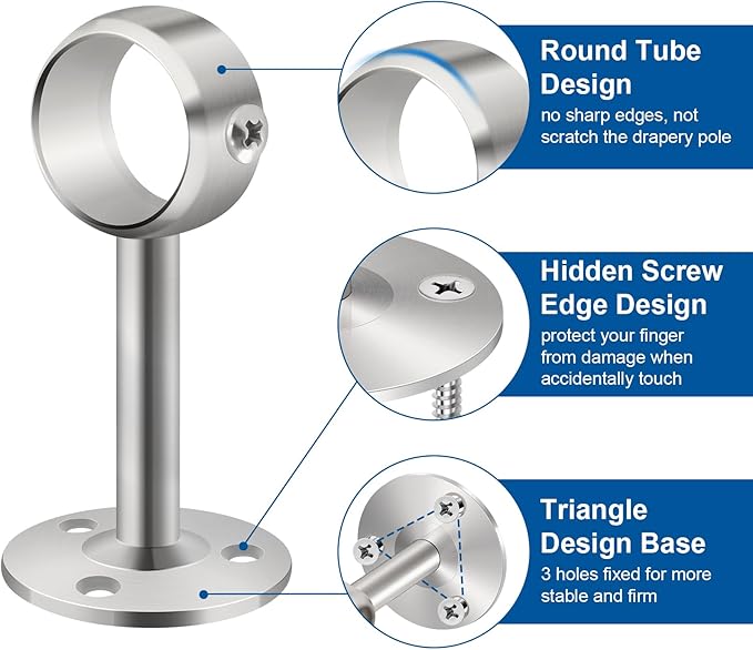 TOKPLNU Ceiling Curtain Rod Holder, 1 1/4Inch Heavy Duty Curtain Rods Bracket for Wall, Stainless Steel, Silver Ceiling Rod Hooks Hangers, Set of 4