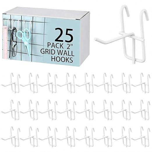 Moxweyeni 2 Inch Grid Wall Hooks 25 Pcs Gridwall Panel Hooks Store Garage Wall Mount Organizers Storage Grid Display Hangers for Retail, Craft Show, Home Setup, Customized Display(White)