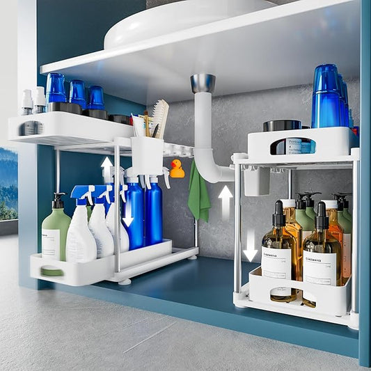 VERIFOST 2 Pack Under Sink Organizers and Storage, Double Sliding Kitchen Cabinet Organizer, 2 Tier Height Adjustable Countertop Organizer for Kitchen Bathroom Laundry, White