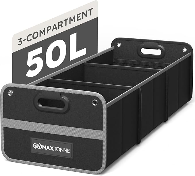50L Car Trunk Organizer, Heavy-Duty 600D Oxford Collapsible Storage Box with 3-Compartments & Securing Straps, Foldable Organizer for SUV/Sedan/Truck, Car Accessories Storage