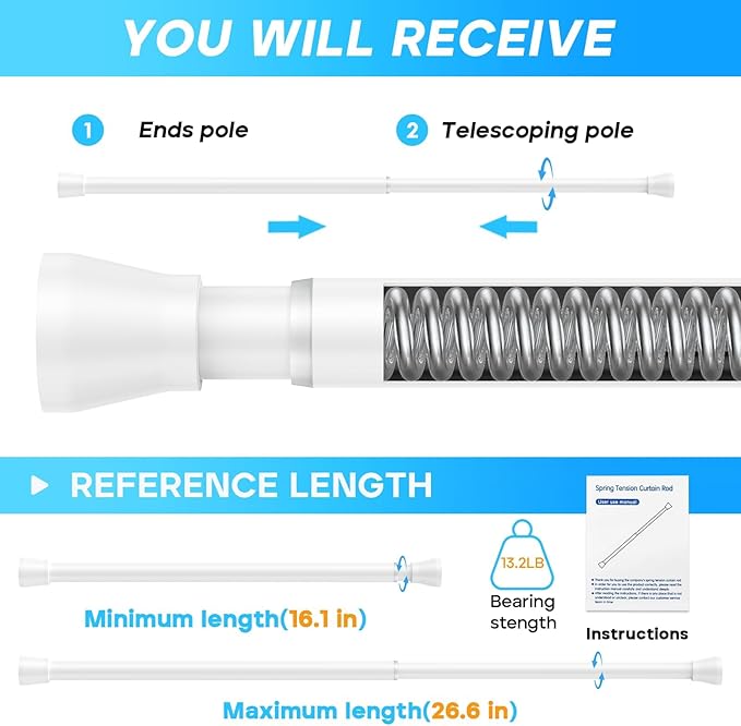 Small Tension Rod 16 to 26 Inch White Spring Curtain Rod No Drilling Spring Tension Rod 4pack Adjustable Curtain Rod Tension for Bookshelf Diy Projects Kitchen, Cupboard,Tension Rod
