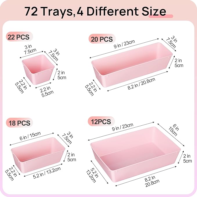 Vtopmart 72 PCS Plastic Drawer Organizers Set, 4-Size Versatile Bathroom and Vanity Organizer Trays, Non-Slip Storage Bins for Makeup, Jewelries, Kitchen Utensils and Office Desk, Pink | 72 PCS, 4-Size, Versatile, Non-Slip