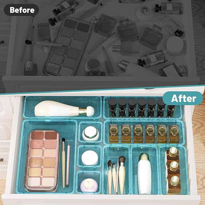WOWBOX 24 PCS Plastic Drawer Organizer Set, 4 Sizes Desk Drawer Organization and Storage Containers for Makeup, Cosmetics, Jewelry and Gadgets in Kitchen, Bathroom, Bedroom, Office, Clear Sea Blue
