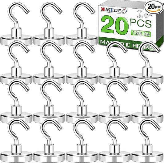 MIKEDE Magnetic Hooks 120Lbs Heavy Duty Earth Magnets with Hooks for Cruise Cabin Strong Magnet Hooks for Hanging Super Metal Magnetic Hanger for Grill Fridge Kitchen - Pack of 20