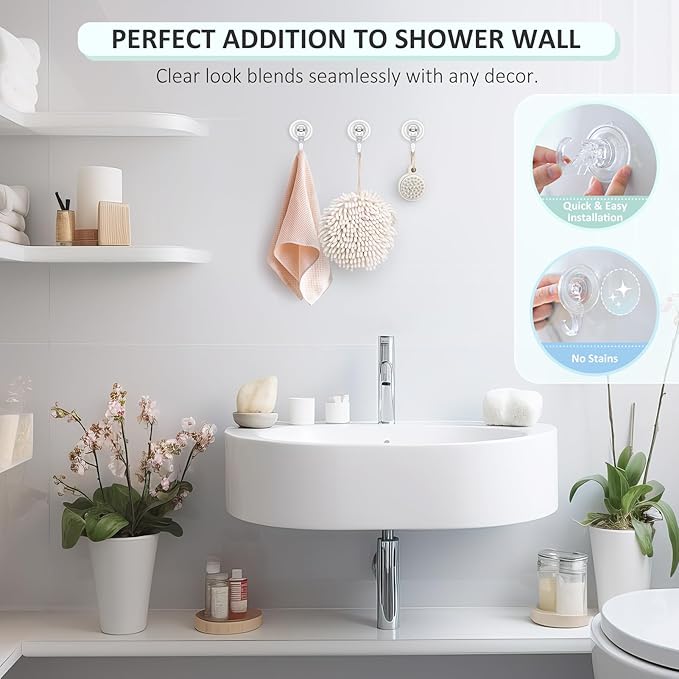 VIS'V Suction Cup Hooks, Small Shower Suction Hooks, Heavy Duty, Removable and Reusable, Clear, 6 Pcs