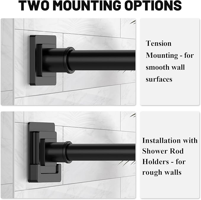 Matte Black Shower Curtain Rod 31-55 inches with Holders, Stainless Steel Shower Rod & Tension Rod, Adjustable Tension Shower Curtain Rod for Bathroom, Windows, Closet