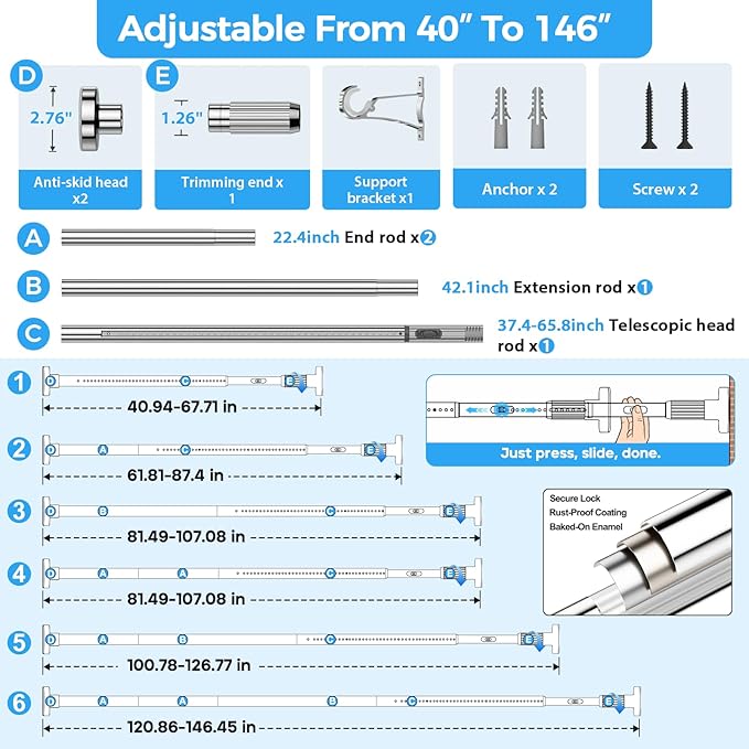 AIZESI 41-144 Inch Heavy Duty Silver Tension Curtain Rod - No Drilling, Adjustable, Rust-Proof for Outdoor, Living Room, Bathroom