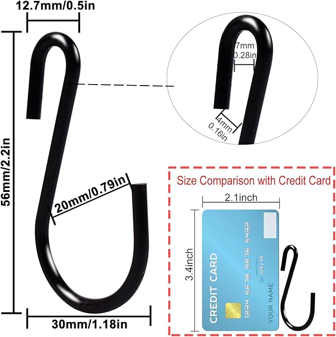 Yikla S Hooks for Hanging Clothes, Plants, S Hooks Heavy Duty, Black S Shaped Hooks, Small Metal Hook, 20 Pack