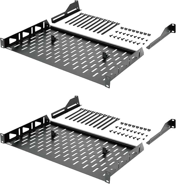 Tecmojo Server Rack Shelf, 1U Rack Shelf 10in Depth, Rack Mount Shelf with Anti-Slip Stops, 110lbs Weight Capacity of Vented Network Rack Shelf for Data/AV/IT/Audio Racks, with Lip(2 Pack), Black