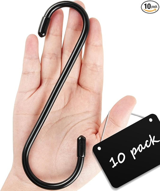 10 Pack 6 Inch Heavy Duty S Hooks, Vinyl Coated Large S Hook for Hanging Plants, Non Slip Black S Shaped Hanging Hooks for Closet, Jeans, Bags, Pot Pans, Wire Shelf Rack, Bird Feeders, Garage, Tools