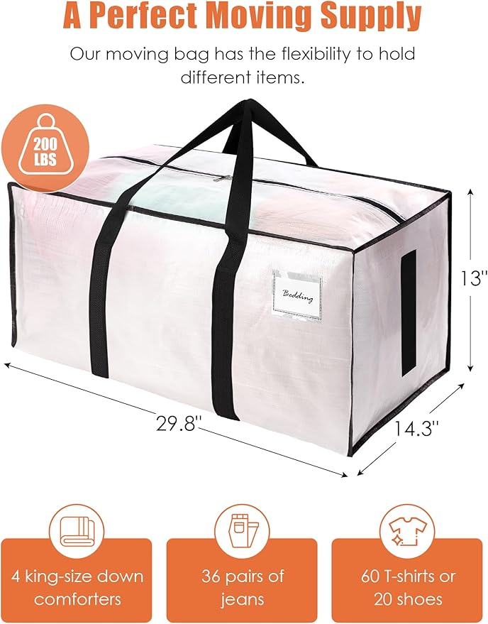 SWEET DOLPHIN 8 Pack 200LB Heavy-Duty Moving Bags with Wrap-Around Handles, Extra Large Storage Totes for Space Saving, Clothes Storage Bags, College Dorm Essentials, Semi-Transparent, 24 Gal
