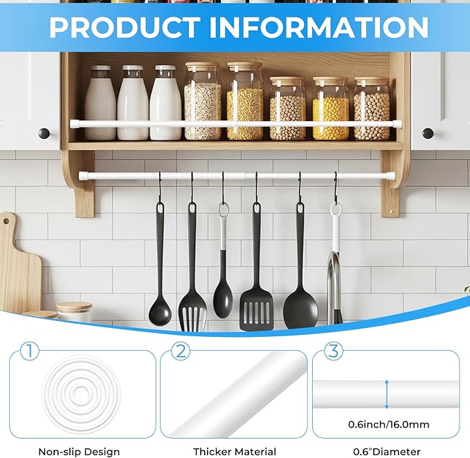 1 Pack Spring Loaded Tension Rod 16-26" Adjustable Curtain Rods No Drill Extendable Spring Rod Tension Curtain Rods For Window Kitchen Shelves Rv Refrigerator And Small Spaces,White