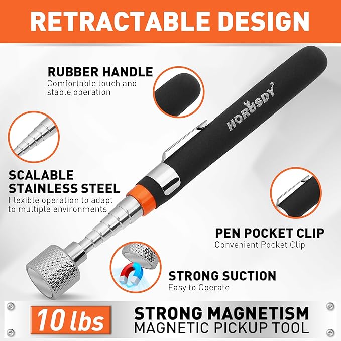 HORUSDY 4 - PIECE Magnetic Pickup Tools Kit | Extendable Telescoping Magnet Pick Up Tool Set 7-30.5” & 5-25” | Bend-It Flexible Magnetic Sweeper | Collapsible Parts Tray for Garage Workshop Yard