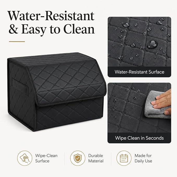 1Pack Leather Trunk Organizer for SUV & Sedans - Extra Large Foldable Car Storage Box with Lid, Adjustable Removable Dividers and Carry Handle, Collapsible Auto Cargo Organizer Black (1)