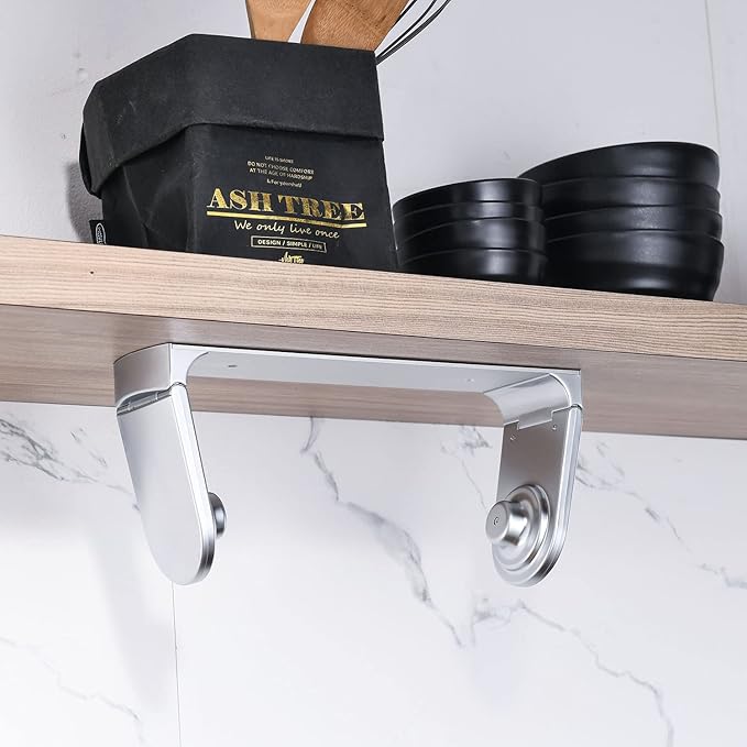 simpletome ONE Hand Tear Paper Towel Holder Under Cabinet Adhesive or Drilling Installation Aluminum Alloy + ABS (Pearl Chrome Silver)