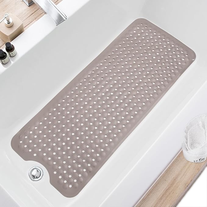 TEESHLY Bath Tub and Shower Mats, Non Slip 40 x 16 Inch Extra Long Bathtub Mat, Machine Washable Bathmat with Drain Holes, Suction Cups for Bathroom Floor, Tan