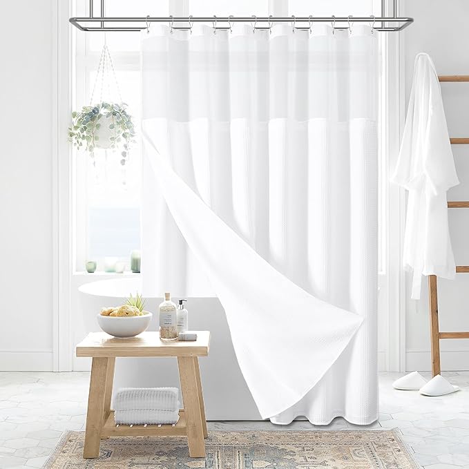 Dynamene Fabric Shower Curtain with Snap in Liner, White Waffle Hotel Shower Curtains for Bathroom, Washable Waterproof Cloth Shower Curtain Liner Set with Plastic Hooks, Mesh Top Window, 72x72