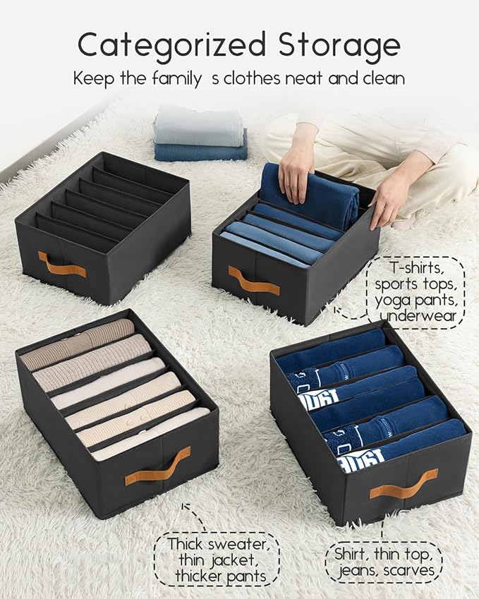 Homsorout Closet Organizers and Storage - Fabric Clothes Organizer with Handles, Foldable Jeans Organizer for Clothes, Drawer Organizer for Shirts, Bra, Sweater, Scarf, 8 Pack, Black