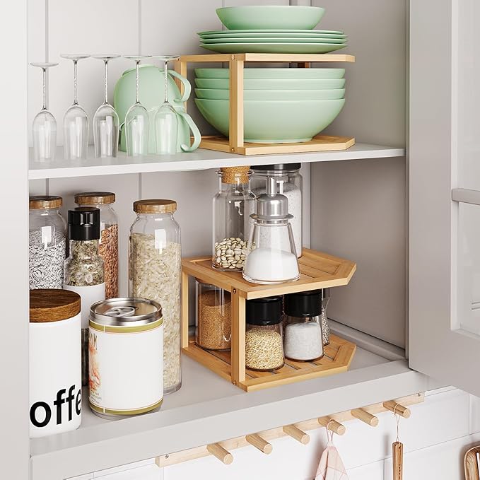 Bamboo Corner Shelf(2 Pack),2 Tier Plate Organizer for Cabinet and Countertop,Pantry Dish and Spice Rack for Kitchen