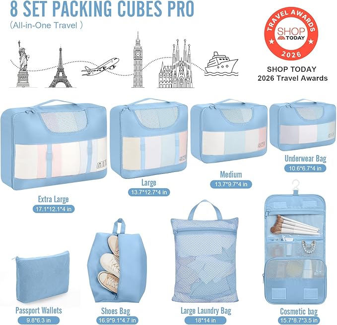 Veken 8 Set Packing Cubes for Travel Essentials, Suitcase Organizer Bags in 4 Sizes, Carry-On Luggage Accessories with Large Laundry & Shoes Bag, Must-Have for Airplane, Road Trip & Camping