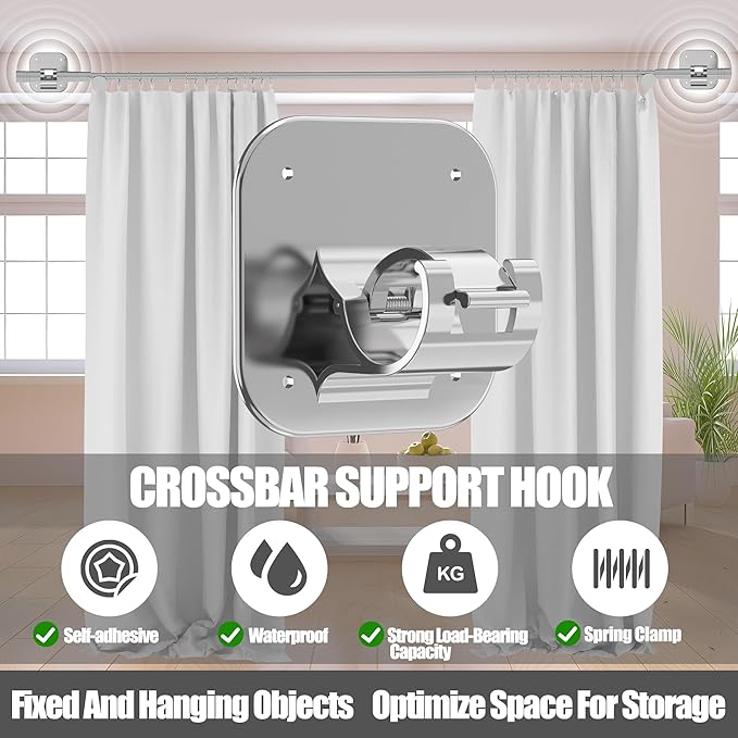 6PCS No Drill Adhesive Curtain Rod Brackets 40LB, Curtain Rods No Drilling Renter Friendly Hooks No Damage Curtain Holders, Apartment Farmhouse Classroom Decor Hanging Drapes