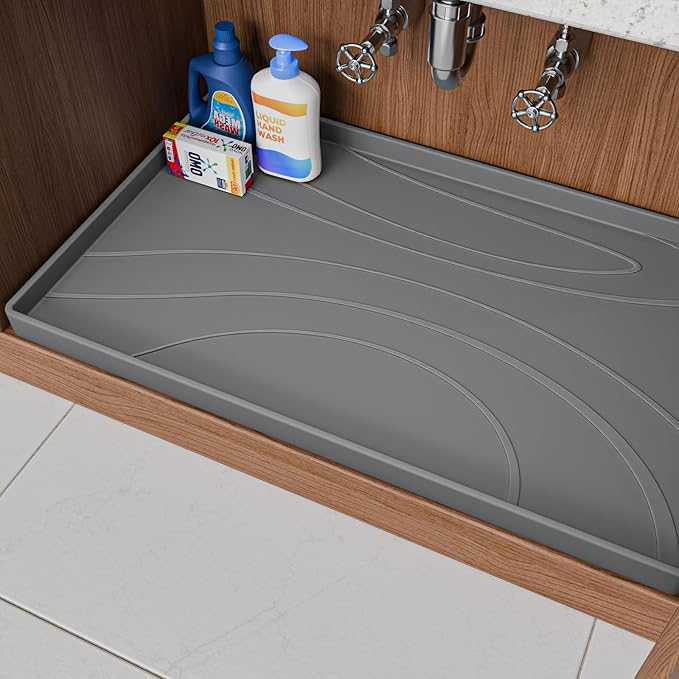 Under Sink Mat 34" x 22", Silicone Under Sink Liner for Kitchen and Bathroom, Waterproof Cabinet Protector Drip Tray, Protects Cabinets from Leaks and Spills