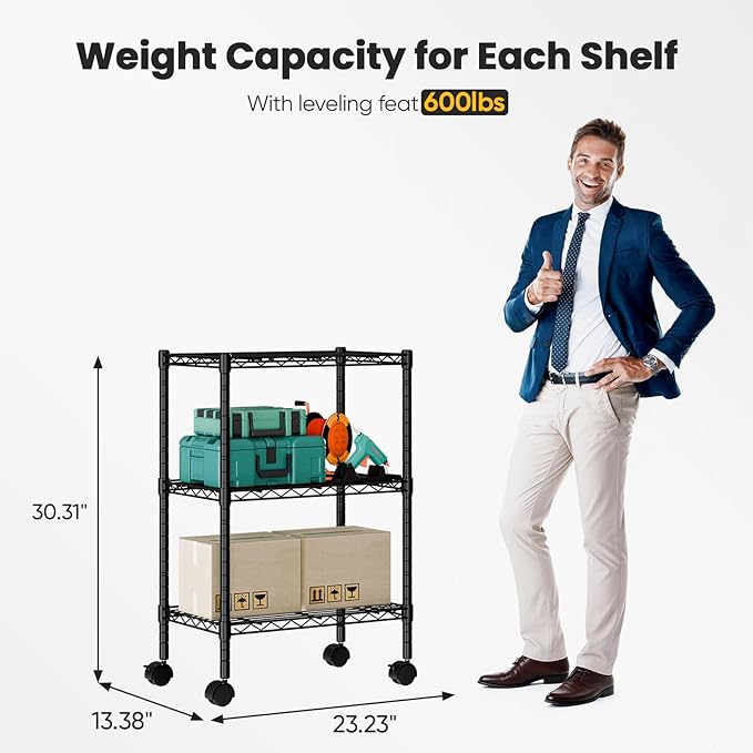 DUMOS 3-Tier Metal Wire Storage Shelves, Adjustable Standing Storage Rack Shelf with Wheels, Heavy Duty Steel Shelving Unit Organizers for Kitchen Bathroom Pantry Garage, 23.1"W×13.4"D×30.2"H, Black