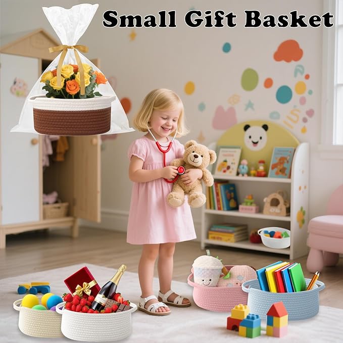 Small Woven Rope Basket-Empty Gifts Basket with Bag and Ribbons,Cute Handle Organizer Box for Birthday/Baby Shower, Toy Storage, Nursery Organizing & Shelf Decor(White&Brown)