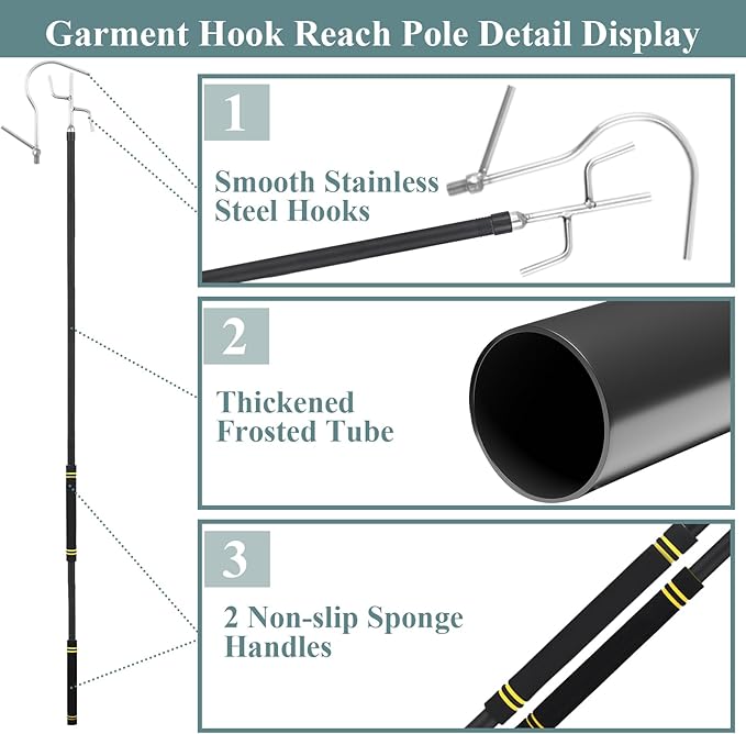 Clothes Hook Pole Heavy Duty,32 to 80In Retail Clothing Hook Pole Long Handle with 2 Hooks Hanging Birdfeeder Frosted Tube Extension Pole to Reach High Hangers for Turck (Black Tube)