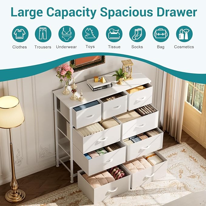 OLIXIS 9 Drawers Storage Organizers Units, Closet Organizers and Storage for Clothes, Fabric Storage Drawer for Living Room, Chest of Dresser in 39.4" D x 11.8" W x 39.9" H, White