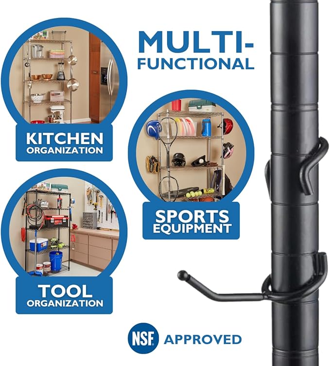 Shelf Pole Hooks 5-Pack | 2" Black Snap-On Hooks for 1" Wire, Metal & Metro Shelving | Heavy-Duty Garage, Pantry, Basement & Utility Storage Hooks