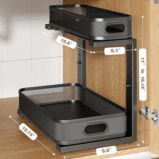 1 Pack 15.7IN-Depth Under Sink Organizer With Smooth Cylindrical Rail,2-Tier Pull Out Multi-Purpose Cabinet Storage for Bathroom&Kitchen,Height Adjustable,Rust-resistant Coating-Black
