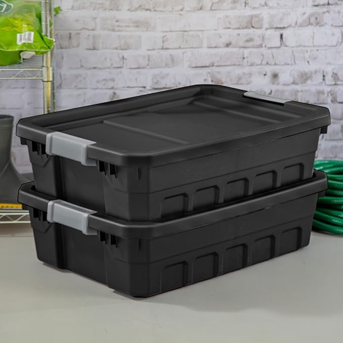 Sterilite 6-Pack 10 Gallon Stacker Tote, Rugged Plastic Storage for Home Organization, Black - Stackable Organizer Bins with Recessed Lid & Heavy-Duty Latches for Closet, Basement, Garage and Attic