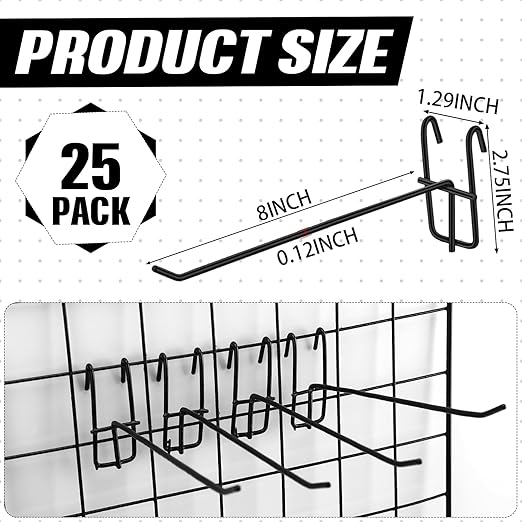 Moxweyeni 8 Inch Grid Wall Hooks 25 Pcs Gridwall Panel Hooks Store Garage Wall Mount Organizers Storage Grid Display Hangers for Retail, Craft Show, Home Setup, Customized Display(Black)