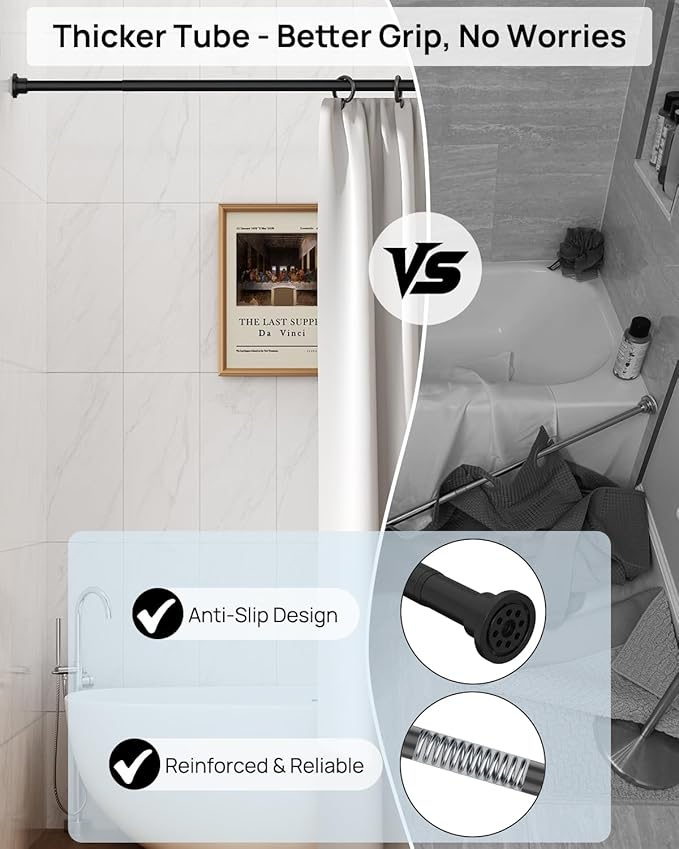 ALLZONE Heavy Duty Tension Shower Curtain Rod 42-83 Inches for Bathroom, Window, Non-Slip, Adjustable with Strong Spring Pole for Closet, Doorway, No Rust, No Drilling, Black (Pack of 2)