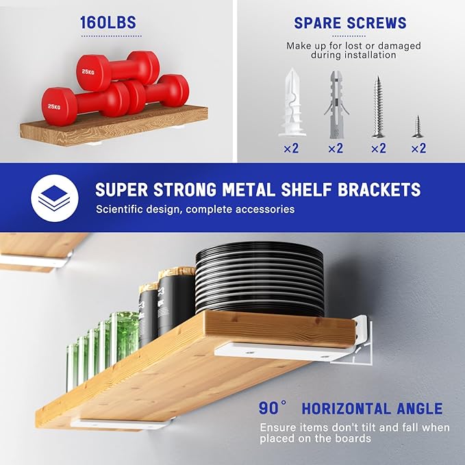 Goovilla Shelf Bracket, Heavy Duty Floating Shelf Brackets 6 inch Long, 6 Pack Brackets for Shelves, White Coated Metal Wall Shelf Support Brackets with 1/5 Inch Thick and 160 lb. Load Capacity