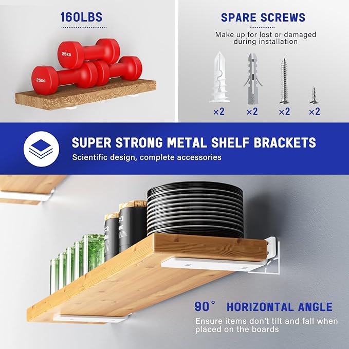 Goovilla Shelf Bracket, Heavy Duty Floating Shelf Brackets 8 inch Long, 6 Pack Brackets for Shelves, White Coated Metal Wall Shelf Support Brackets with 1/5 Inch Thick and 160 lb. Load Capacity
