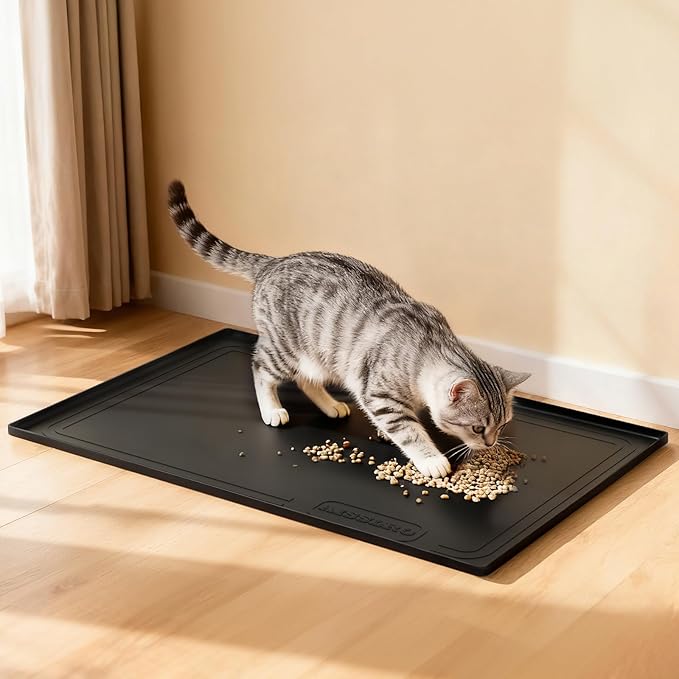 Aisslro Under Sink Mat 22" X 19", Waterproof Silicone Cabinet Protector with Raised Edge, Kitchen & Bathroom Leak Tray, Shelf Liner & Pet Feeding Mat for Dog Cat Food Mats, Black