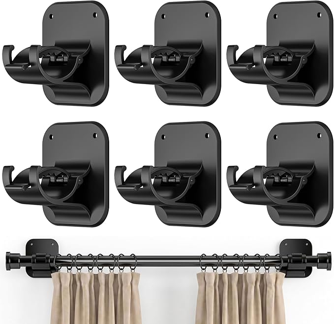 No Drill Curtain Rod Brackets - 20LB, 6 Pack Self Adhesive Curtain Rod Holder, Peel and Stick Wall Hooks, Renter Friendly Upgrades for Apartment, Kitchen, Bathroom, Dorm, Living Room and RV