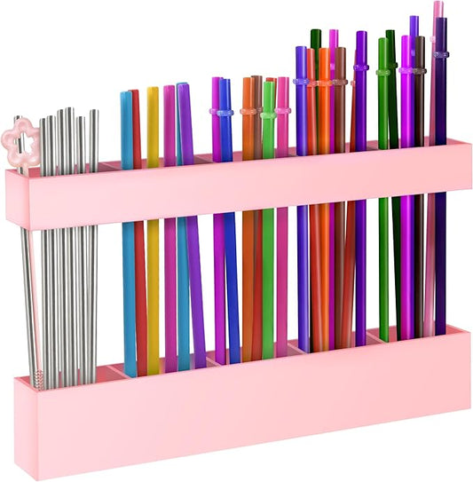 9.5” Large Acrylic Straw Holder for Cabinet Door, Reusable Adjustable Two-Part Straws Organizer with Ultra Sticky Adhesive Strips, 2026 Straw Storage for Kitchen Cupboard(Rose Stone)