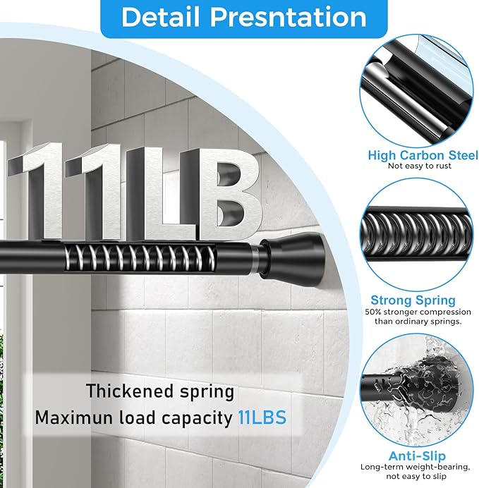 Spring Tension Curtain Rod 30 to 64 Inch, Adjustable Curtain Rods No Drilling Spring Loaded Curtain Rods for Windows Doors Kitchen Closet, Black