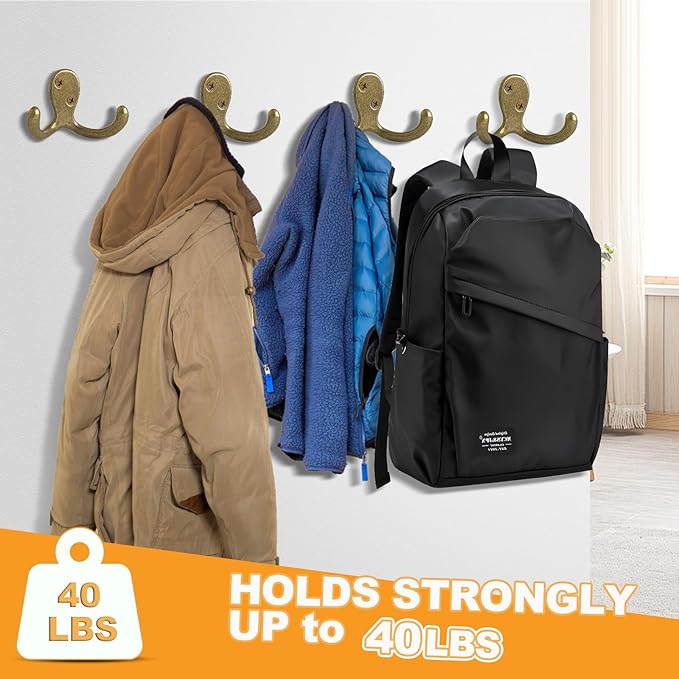 CBWLWJ 20 Pack Coat Hooks Wall Hooks for Hanging, Heavy Duty Double Prong Metal Hook Wall Mounted for Living Room, Bathroom, Kitchen, Bedroom for Coat, Bag, Scarf, Towel, Hat, Key, Cup (Bronze)