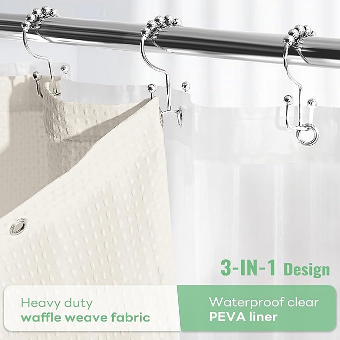 Dynamene Ivory Shower Curtain and Liner Set, Waffle Weave Fabric, Waterproof Clear Liner, 256GSM Heavy Duty Weighted Hotel Luxury Cloth Shower Curtains for Bathroom with 12 Plastic Hooks, 72Wx72H