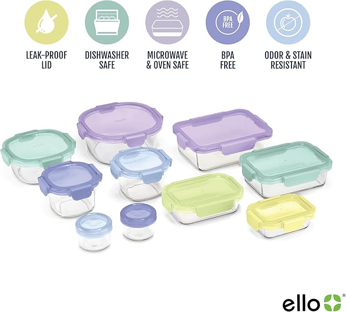 Ello Color Lock 8PC Mixed Glass Food Storage Sets, Leak-Proof Glass Food Storage Containers