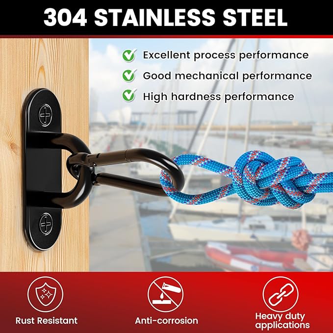 sprookber 304 Stainless Steel Pad Eye Snap Hooks, M6 Heavy Duty Ceiling Hooks, 800 lb Capacity Hammock Swing Hanging kit, Plant Hangers, Marine Hardware Staple Hook Loop with Screws, Set of 8(Black)